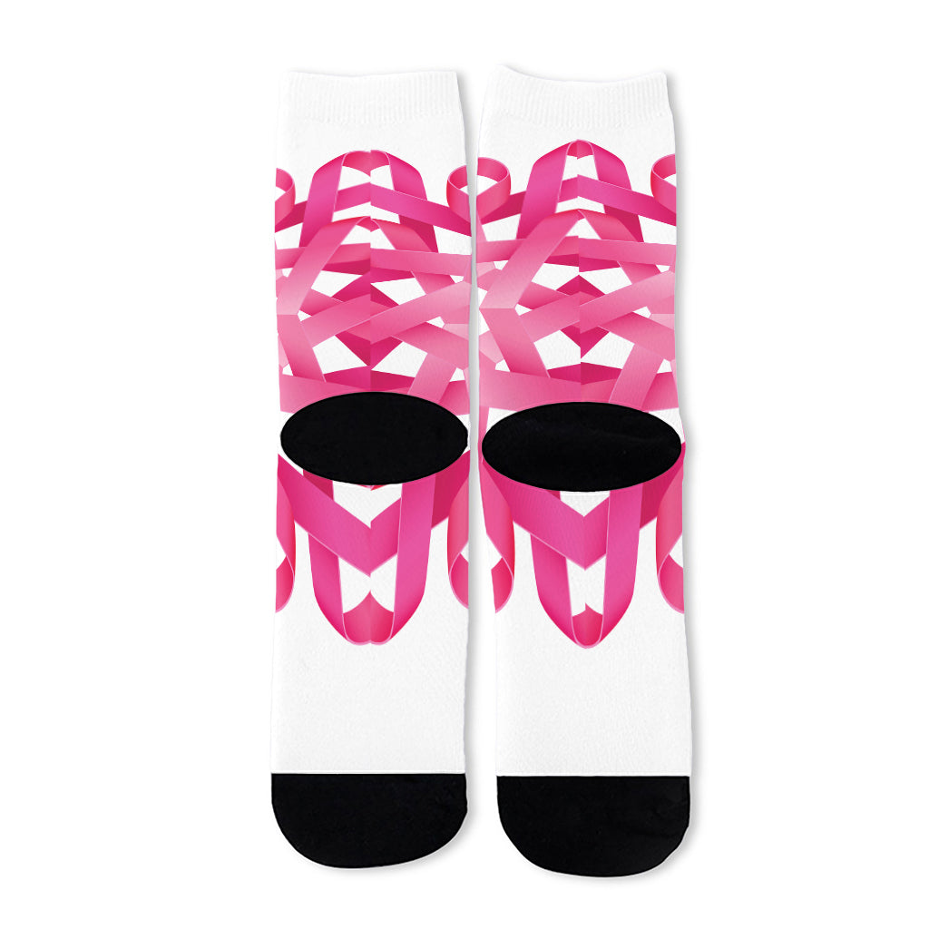 Pink Breast Cancer Ribbon Flower Print Long Socks