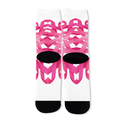 Pink Breast Cancer Ribbon Flower Print Long Socks