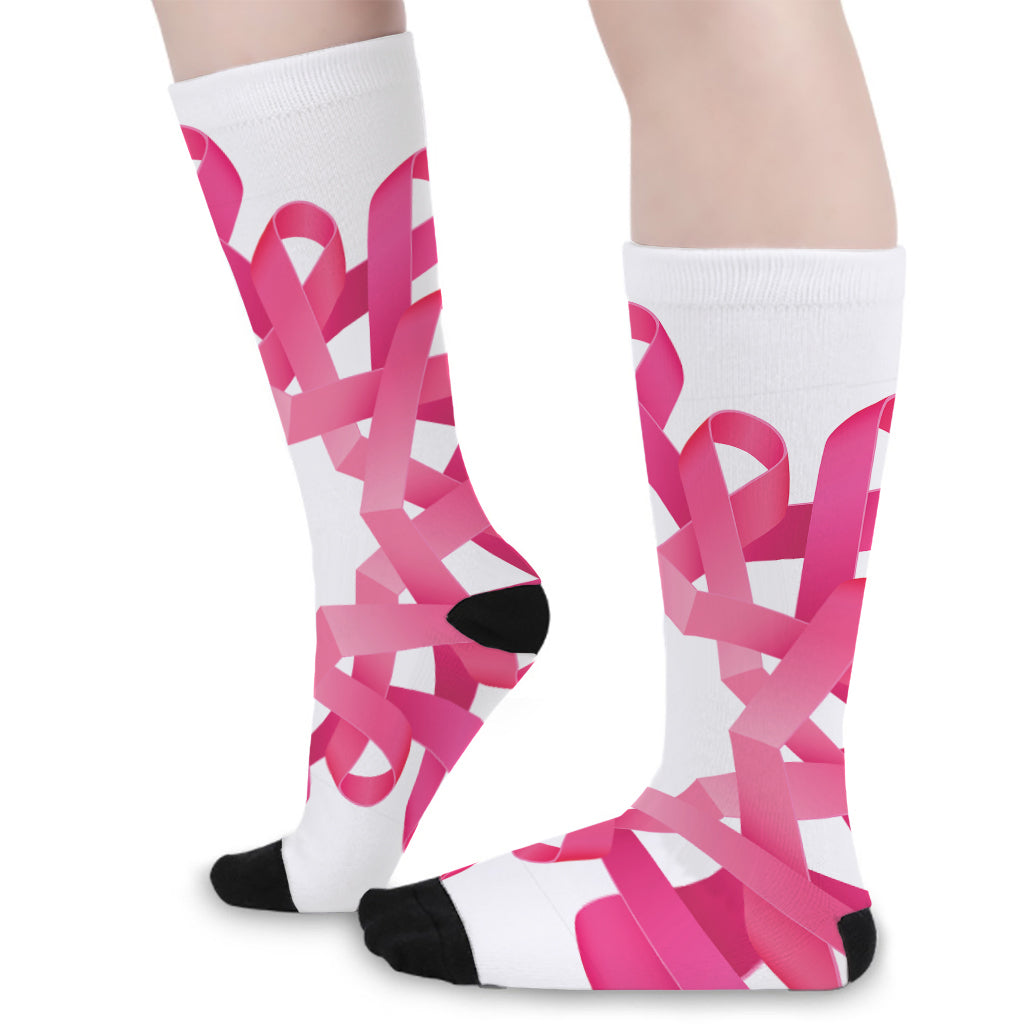 Pink Breast Cancer Ribbon Flower Print Long Socks