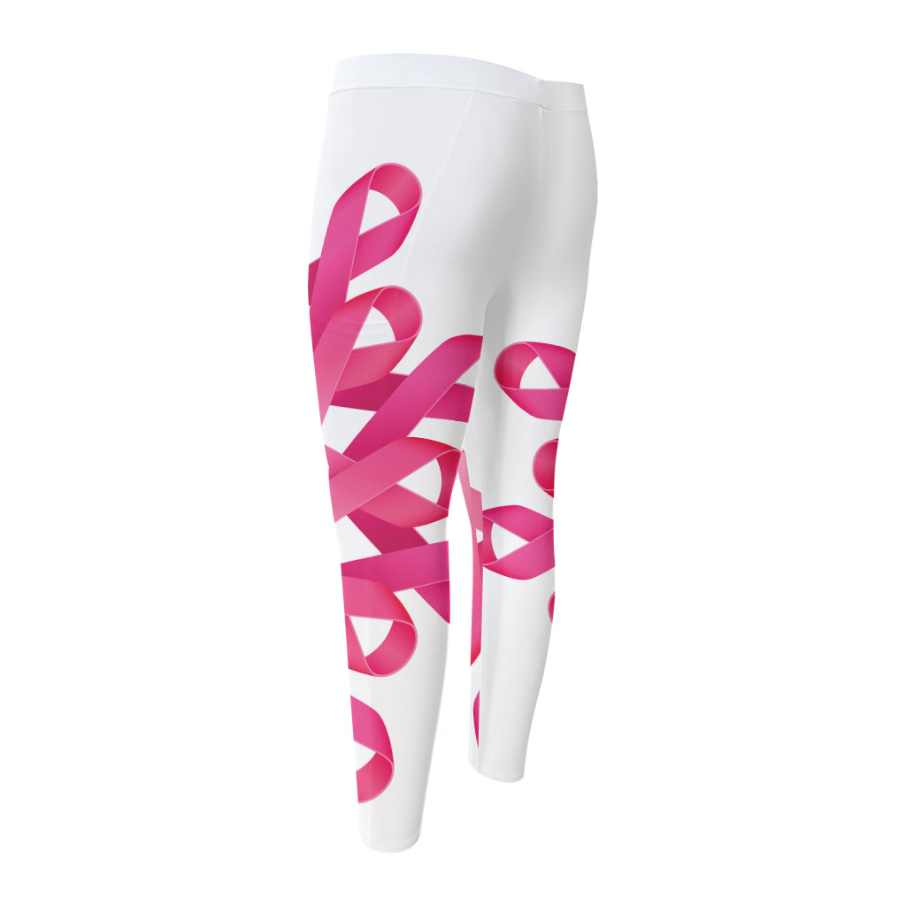 Pink Breast Cancer Ribbon Flower Print Men's Compression Pants