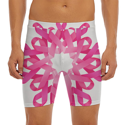 Pink Breast Cancer Ribbon Flower Print Men's Long Boxer Briefs