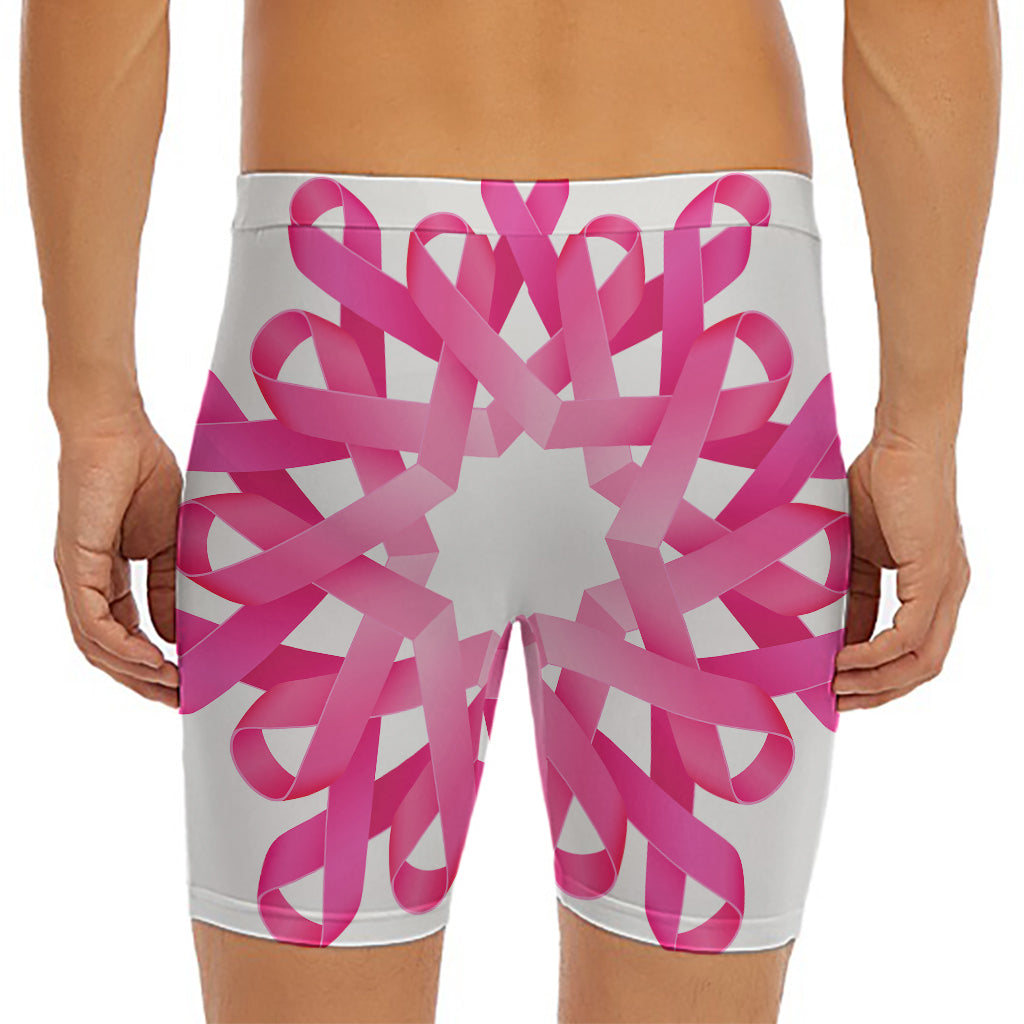 Pink Breast Cancer Ribbon Flower Print Men's Long Boxer Briefs