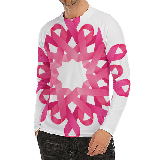 Pink Breast Cancer Ribbon Flower Print Men's Long Sleeve Rash Guard