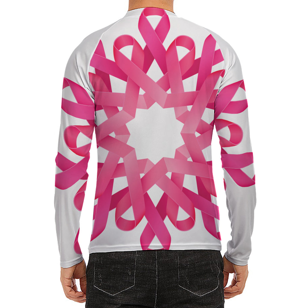 Pink Breast Cancer Ribbon Flower Print Men's Long Sleeve Rash Guard