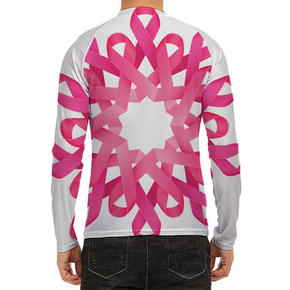 Pink Breast Cancer Ribbon Flower Print Men's Long Sleeve Rash Guard