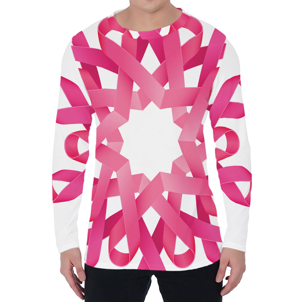 Pink Breast Cancer Ribbon Flower Print Men's Long Sleeve T-Shirt