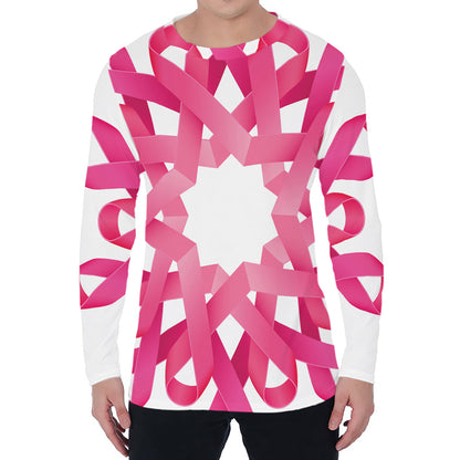 Pink Breast Cancer Ribbon Flower Print Men's Long Sleeve T-Shirt