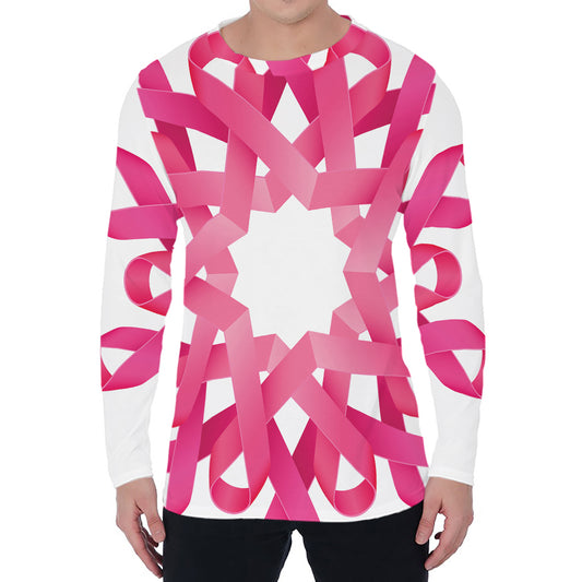 Pink Breast Cancer Ribbon Flower Print Men's Long Sleeve T-Shirt