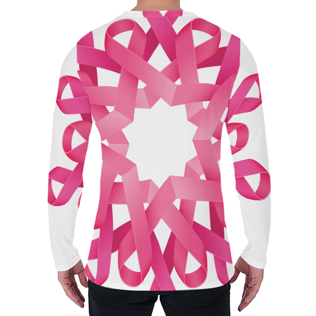 Pink Breast Cancer Ribbon Flower Print Men's Long Sleeve T-Shirt