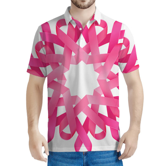 Pink Breast Cancer Ribbon Flower Print Men's Polo Shirt