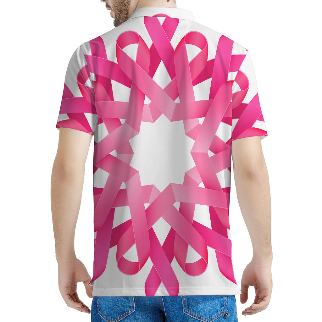 Pink Breast Cancer Ribbon Flower Print Men's Polo Shirt