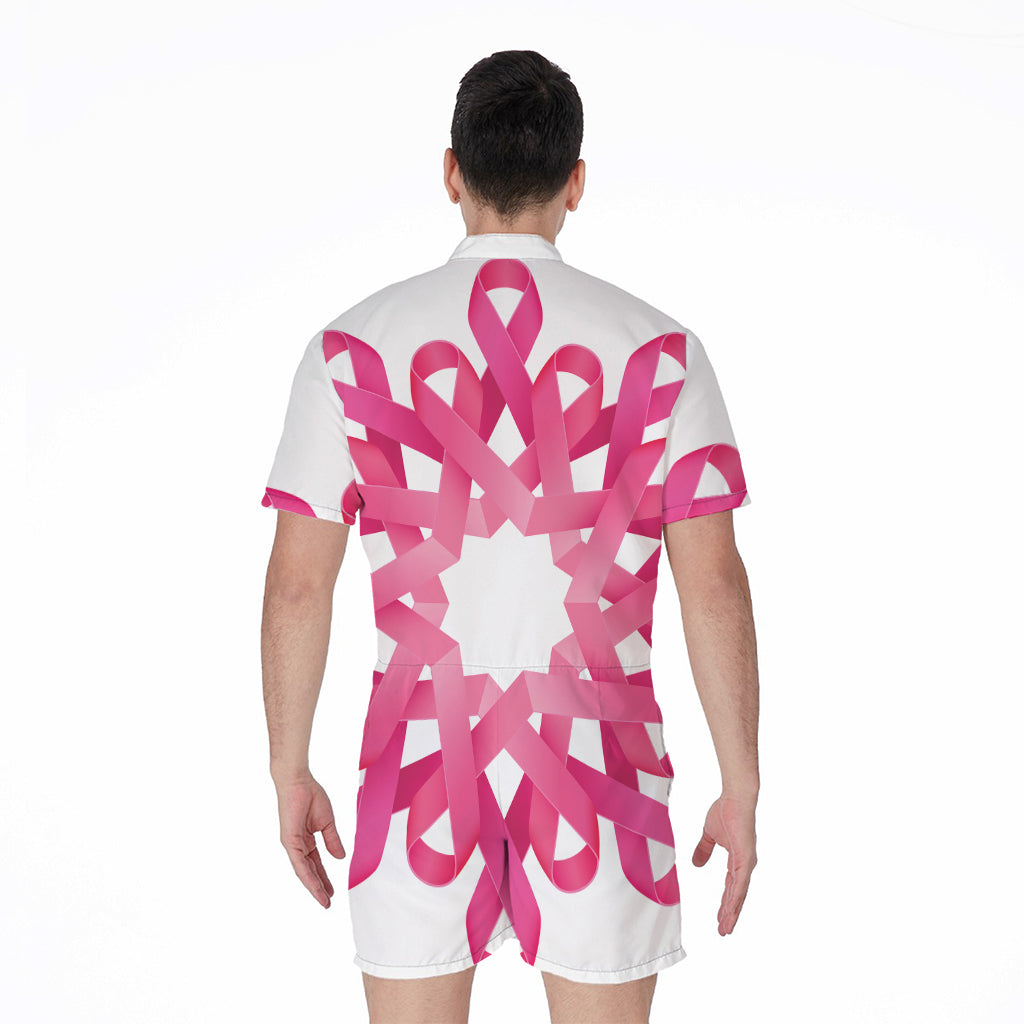 Pink Breast Cancer Ribbon Flower Print Men's Rompers