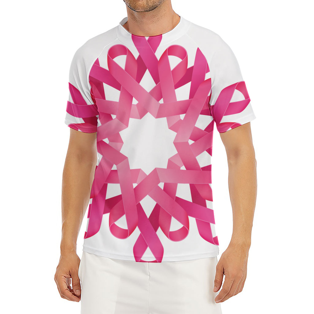 Pink Breast Cancer Ribbon Flower Print Men's Short Sleeve Rash Guard