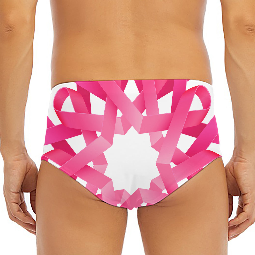 Pink Breast Cancer Ribbon Flower Print Men's Triangle Swim Briefs