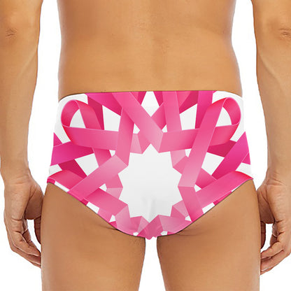 Pink Breast Cancer Ribbon Flower Print Men's Triangle Swim Briefs