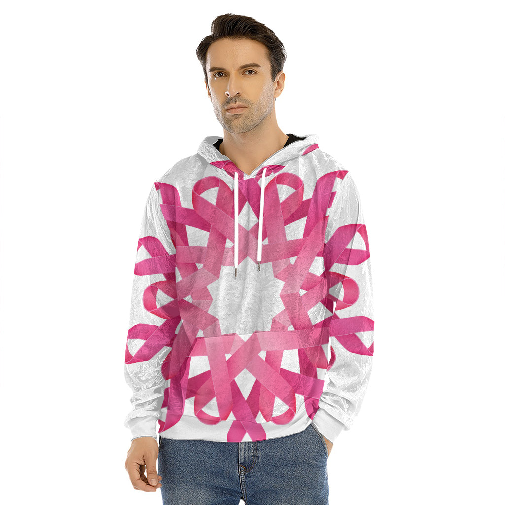 Pink Breast Cancer Ribbon Flower Print Men's Velvet Pullover Hoodie