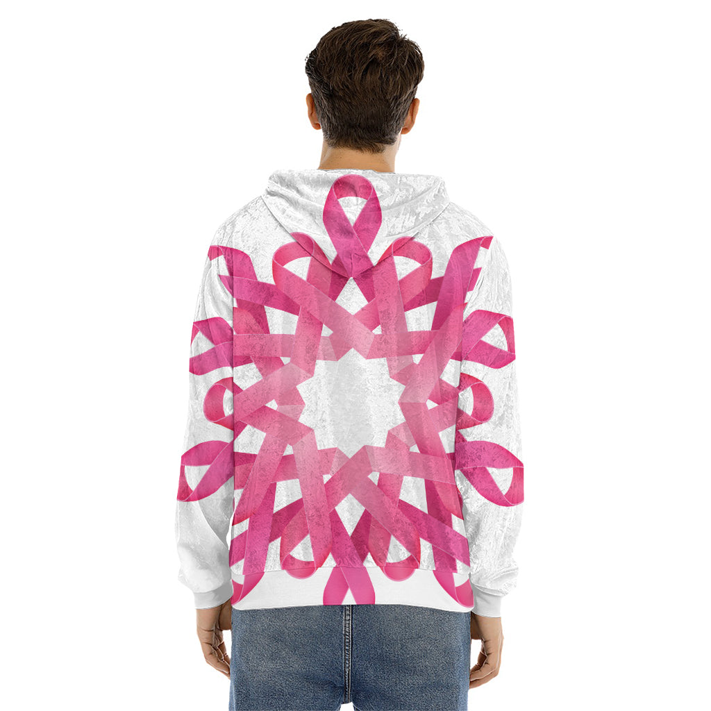 Pink Breast Cancer Ribbon Flower Print Men's Velvet Pullover Hoodie