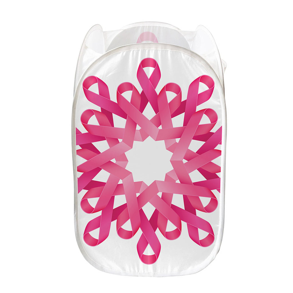 Pink Breast Cancer Ribbon Flower Print Mesh Laundry Hamper