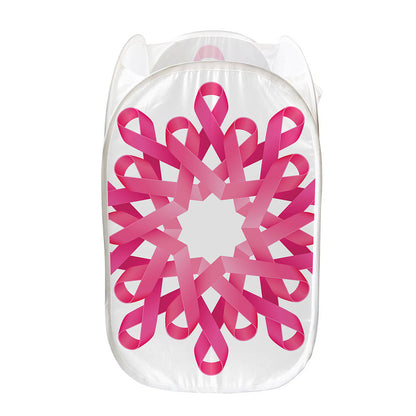 Pink Breast Cancer Ribbon Flower Print Mesh Laundry Hamper