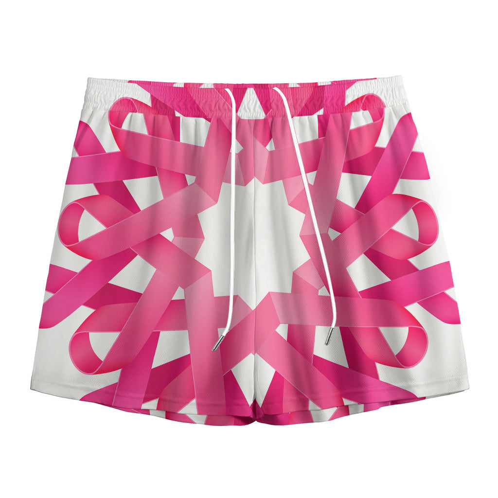 Pink Breast Cancer Ribbon Flower Print Mesh Shorts