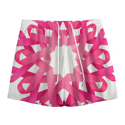 Pink Breast Cancer Ribbon Flower Print Mesh Shorts