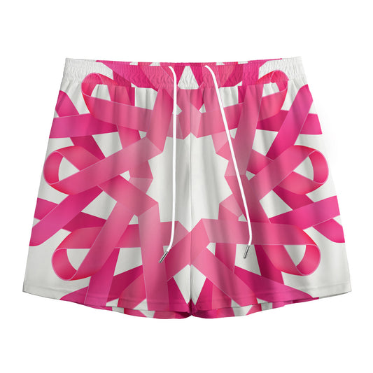 Pink Breast Cancer Ribbon Flower Print Mesh Shorts