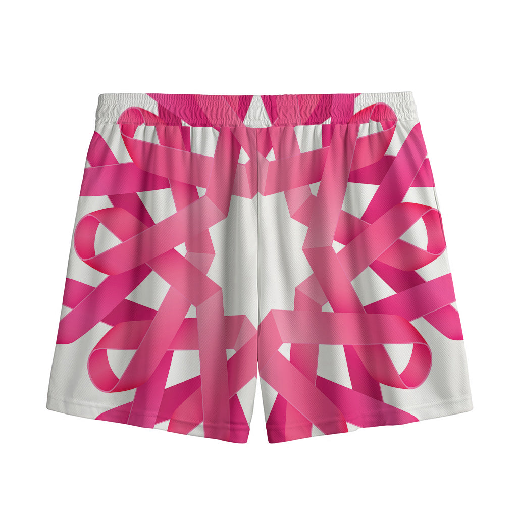 Pink Breast Cancer Ribbon Flower Print Mesh Shorts