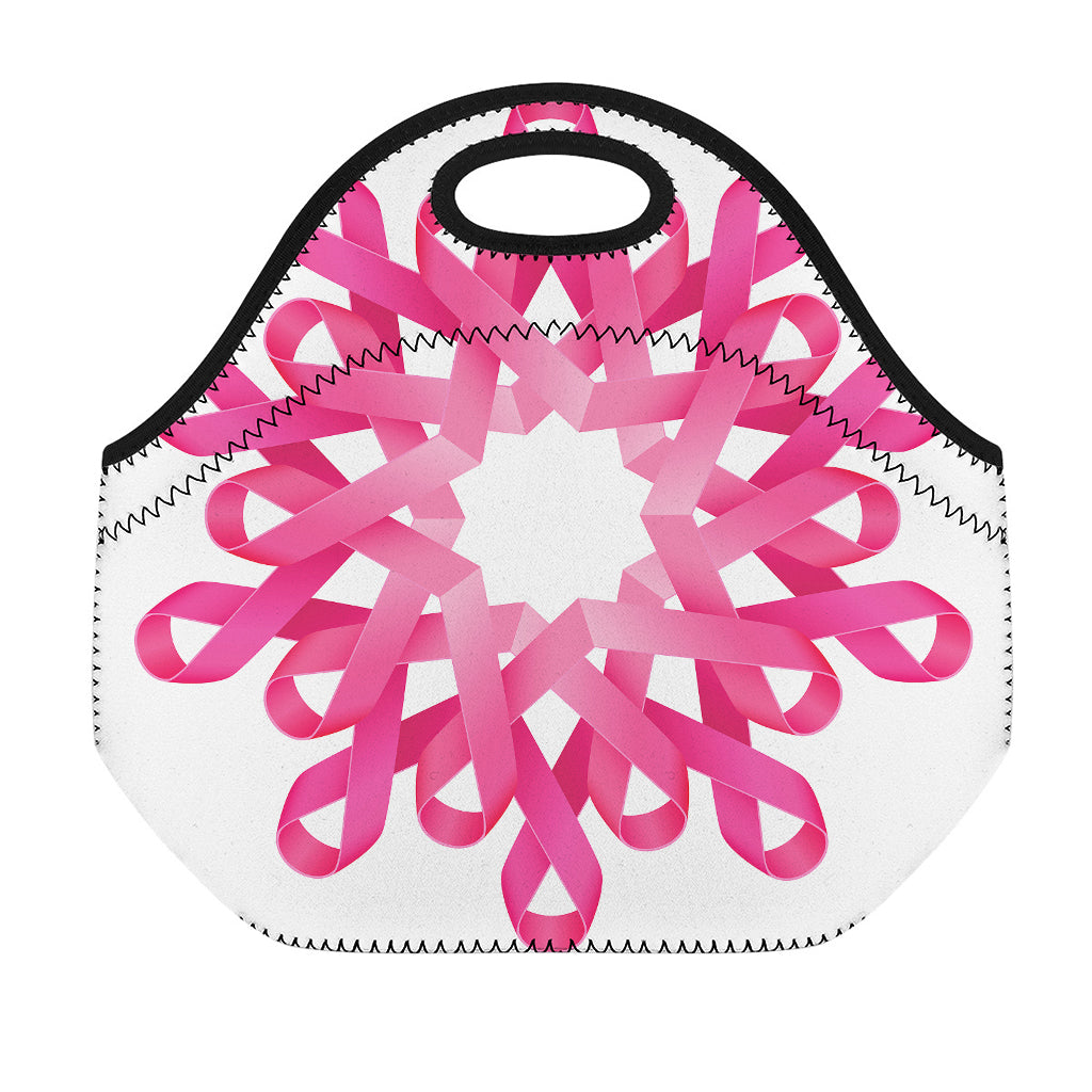 Pink Breast Cancer Ribbon Flower Print Neoprene Lunch Bag