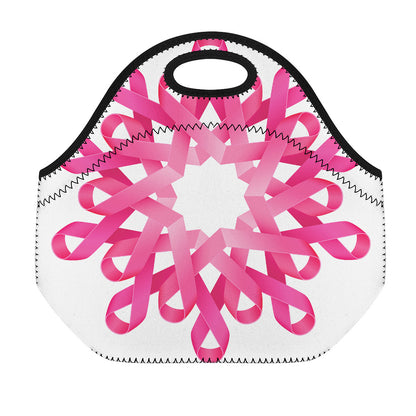 Pink Breast Cancer Ribbon Flower Print Neoprene Lunch Bag