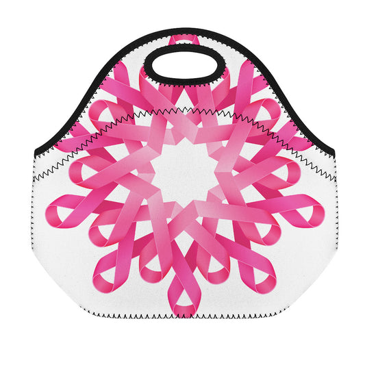 Pink Breast Cancer Ribbon Flower Print Neoprene Lunch Bag