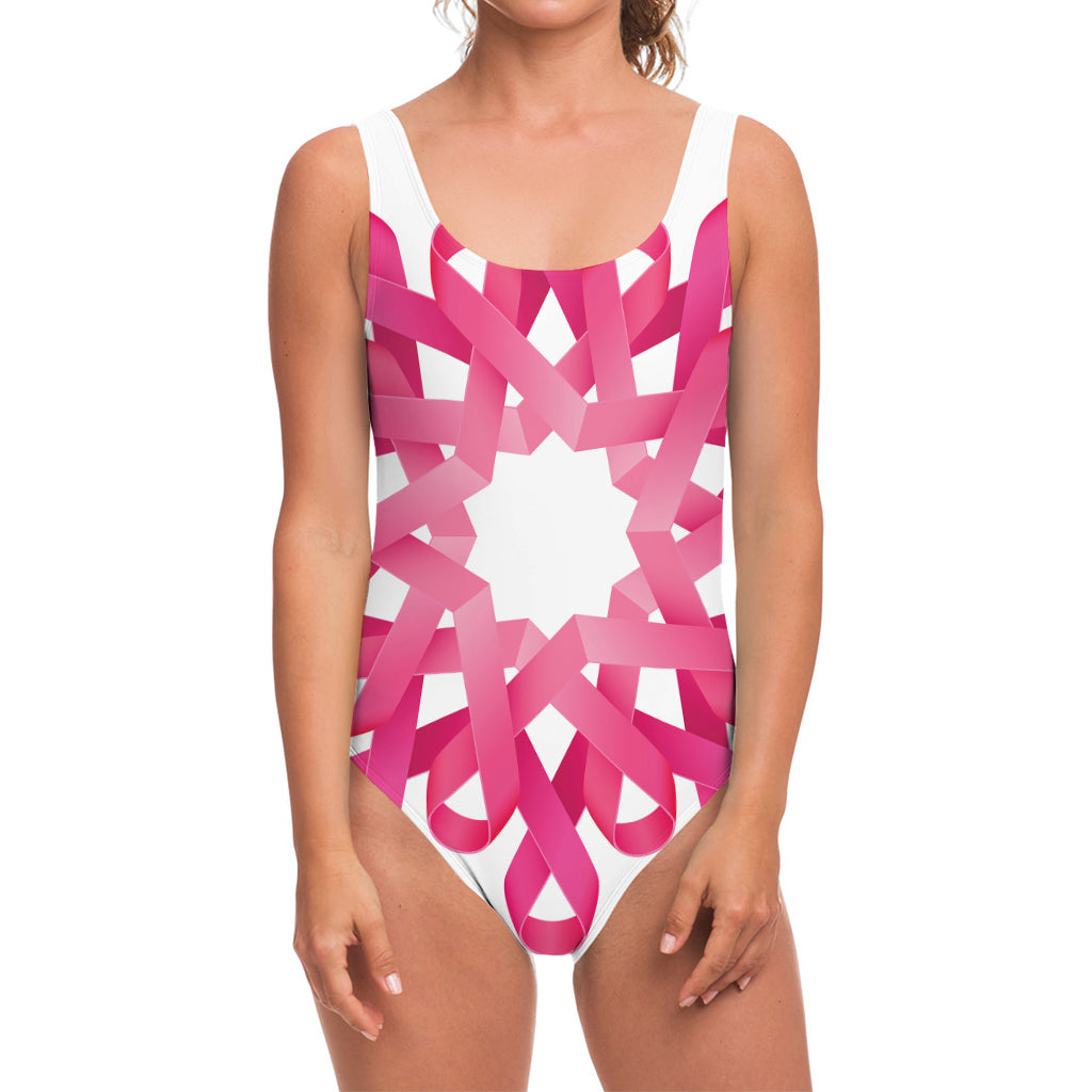 Pink Breast Cancer Ribbon Flower Print One Piece Swimsuit