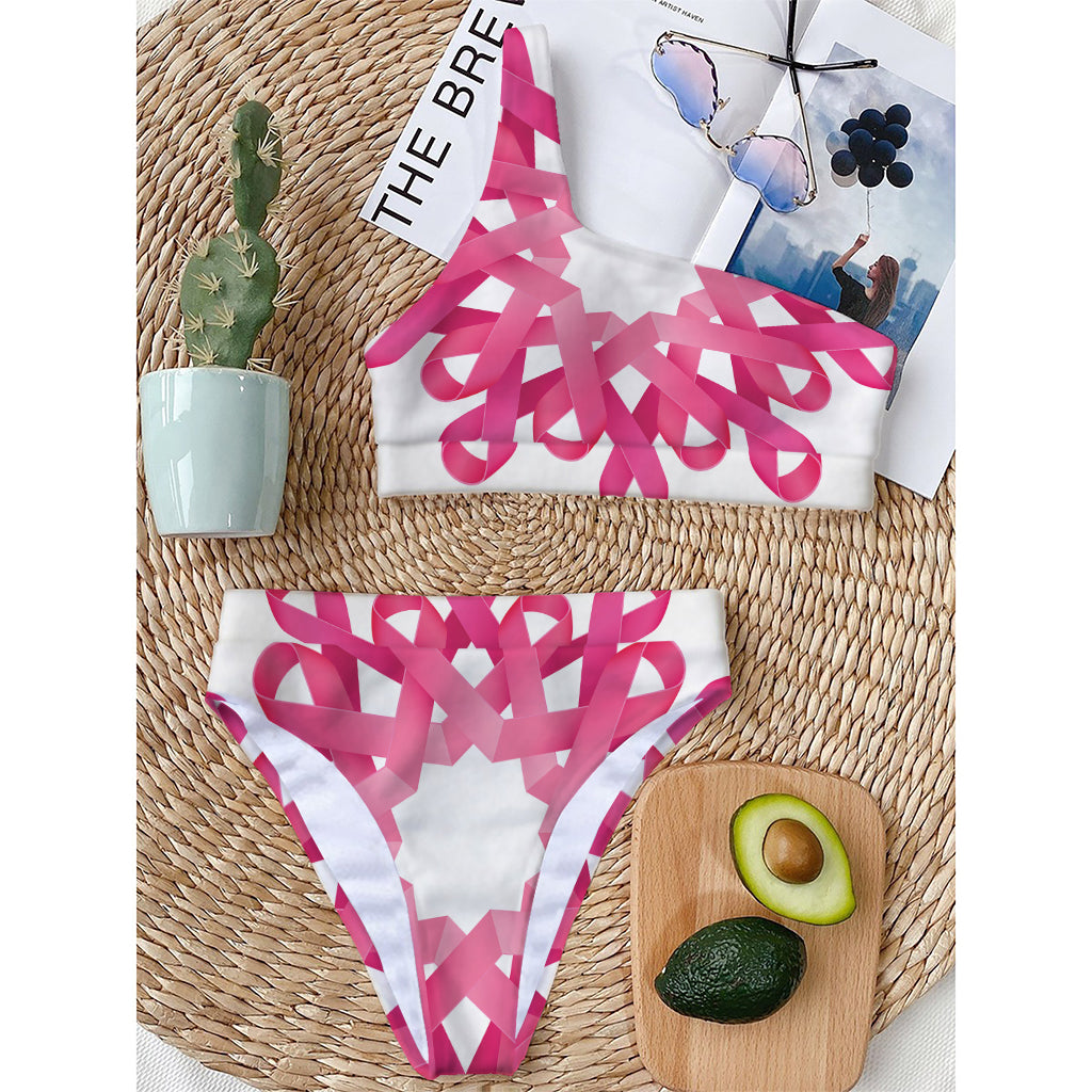 Pink Breast Cancer Ribbon Flower Print One Shoulder Bikini Top