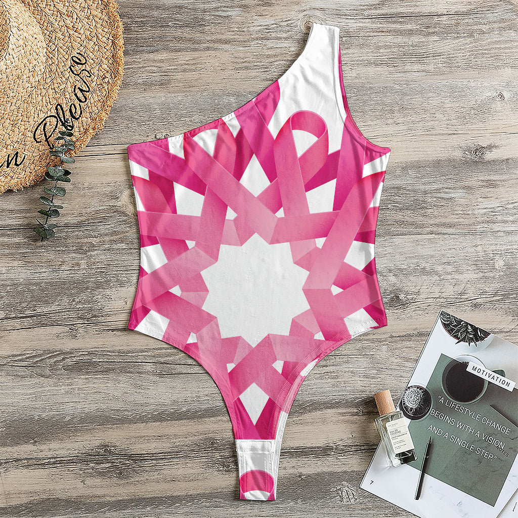 Pink Breast Cancer Ribbon Flower Print One Shoulder Bodysuit