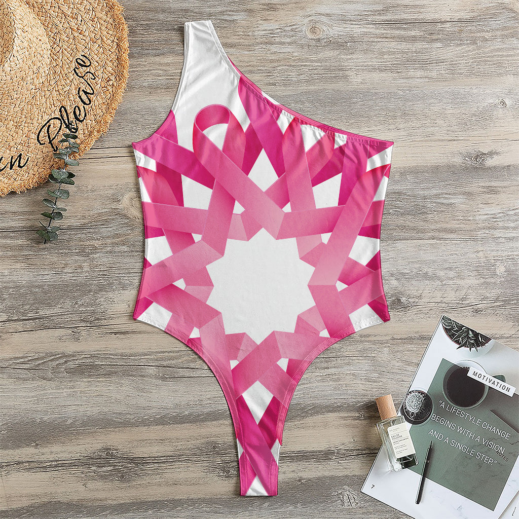 Pink Breast Cancer Ribbon Flower Print One Shoulder Bodysuit