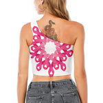 Pink Breast Cancer Ribbon Flower Print One Shoulder Crop Top