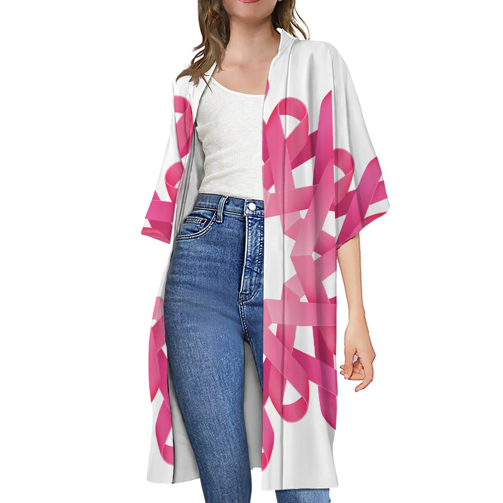 Pink Breast Cancer Ribbon Flower Print Open Front Beach Cover Up