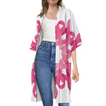 Pink Breast Cancer Ribbon Flower Print Open Front Beach Cover Up