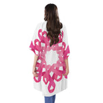 Pink Breast Cancer Ribbon Flower Print Open Front Beach Cover Up