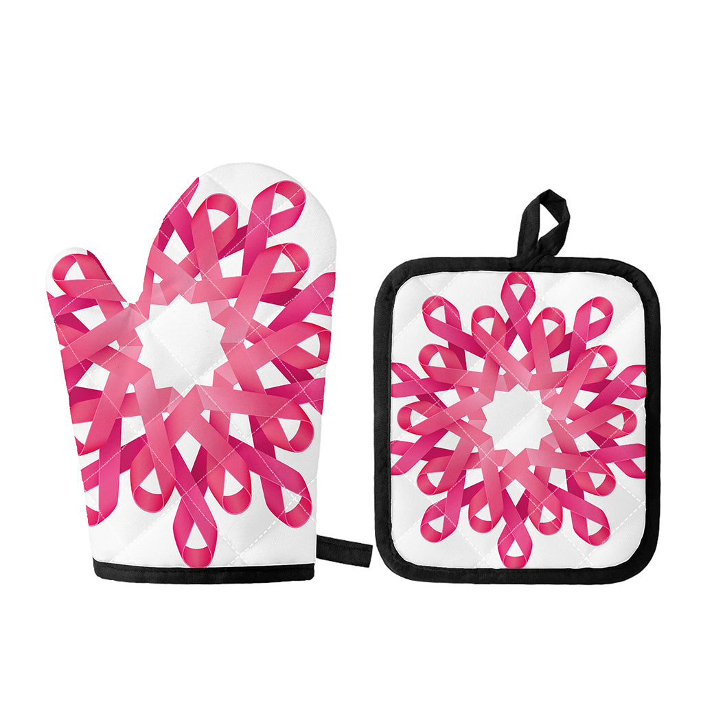 Pink Breast Cancer Ribbon Flower Print Oven Mitt And Pot Holder Set