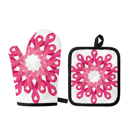 Pink Breast Cancer Ribbon Flower Print Oven Mitt And Pot Holder Set