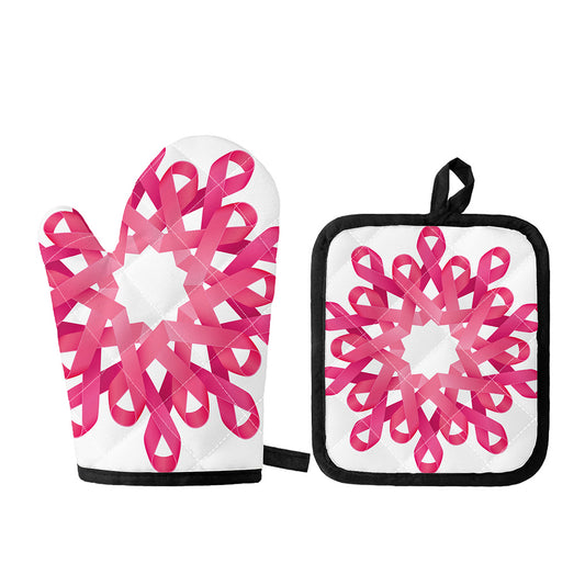 Pink Breast Cancer Ribbon Flower Print Oven Mitt And Pot Holder Set