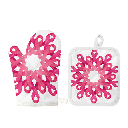 Pink Breast Cancer Ribbon Flower Print Oven Mitt And Pot Holder Set