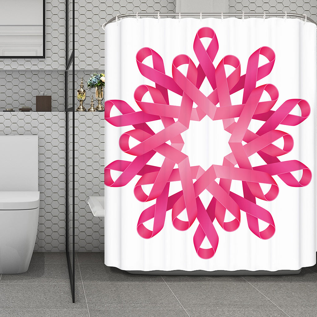 Pink Breast Cancer Ribbon Flower Print Polyester Shower Curtain