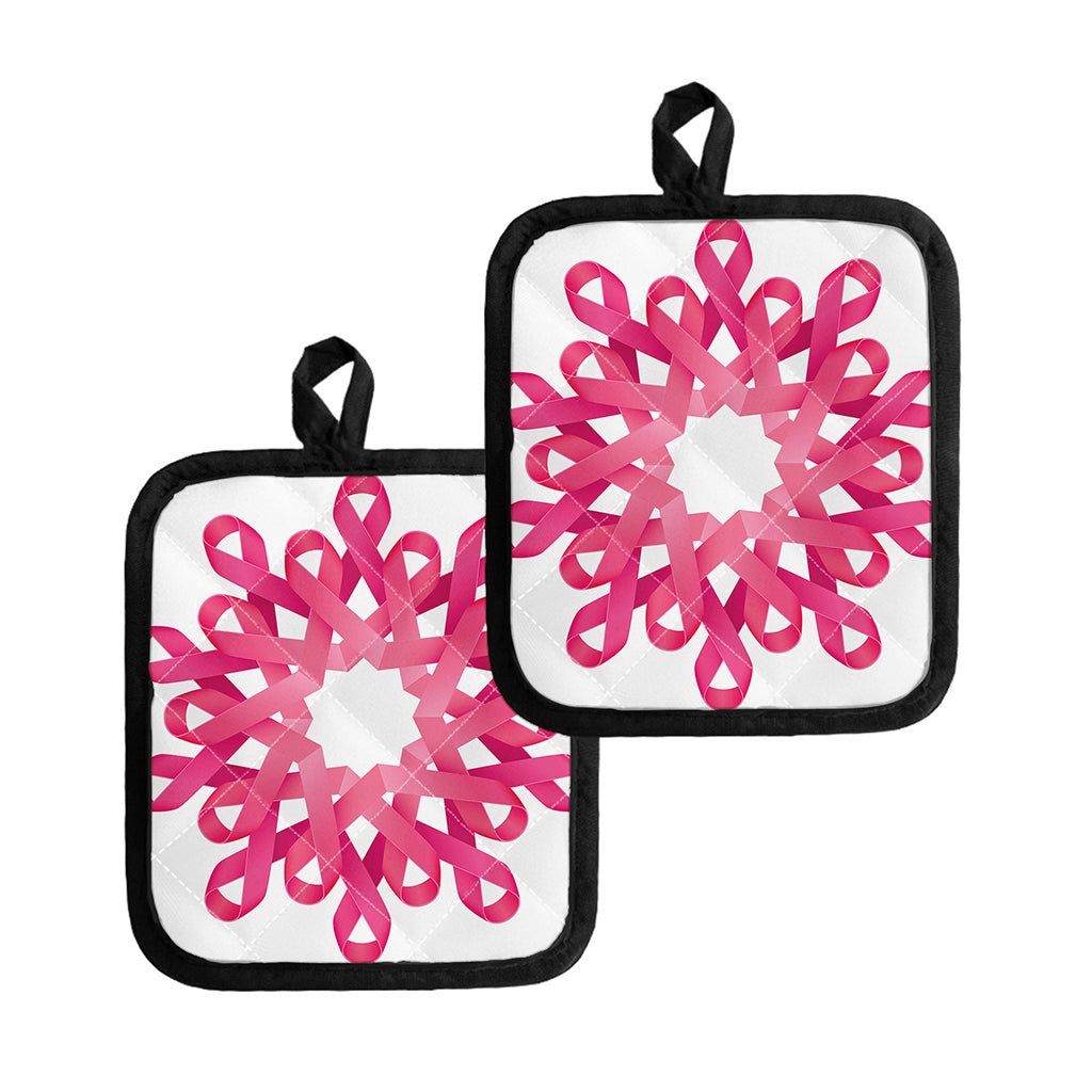 Pink Breast Cancer Ribbon Flower Print Pot Holders