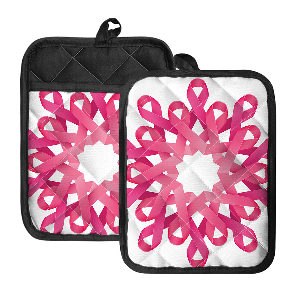 Pink Breast Cancer Ribbon Flower Print Pot Holders With Pocket