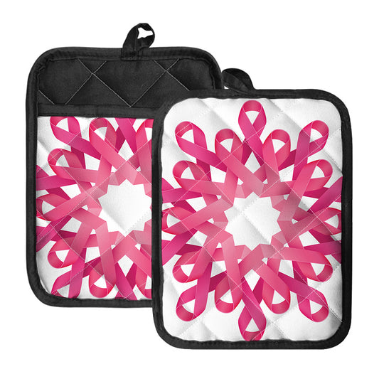 Pink Breast Cancer Ribbon Flower Print Pot Holders With Pocket