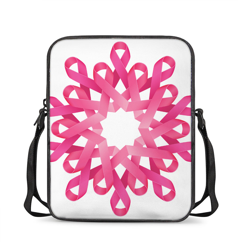 Pink Breast Cancer Ribbon Flower Print Rectangular Crossbody Bag
