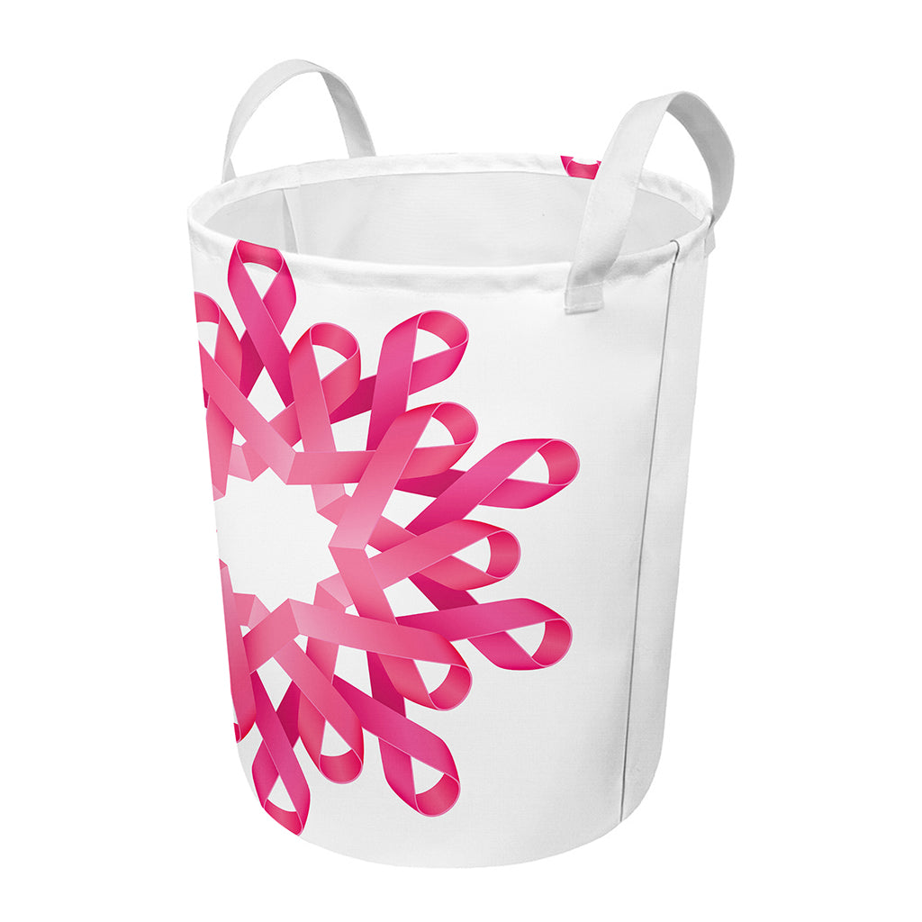 Pink Breast Cancer Ribbon Flower Print Round Laundry Basket