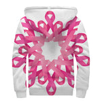 Pink Breast Cancer Ribbon Flower Print Sherpa Lined Zip Up Hoodie