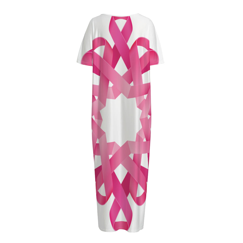 Pink Breast Cancer Ribbon Flower Print Short Sleeve Long Nightdress